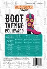 Rückseite der Anleitung mit Materialtabelle für drei Quiltgrößen sowie einem einzelnen pinkfarbenen Cowboystiefel-Applikationsmotiv mit Blumenmuster.